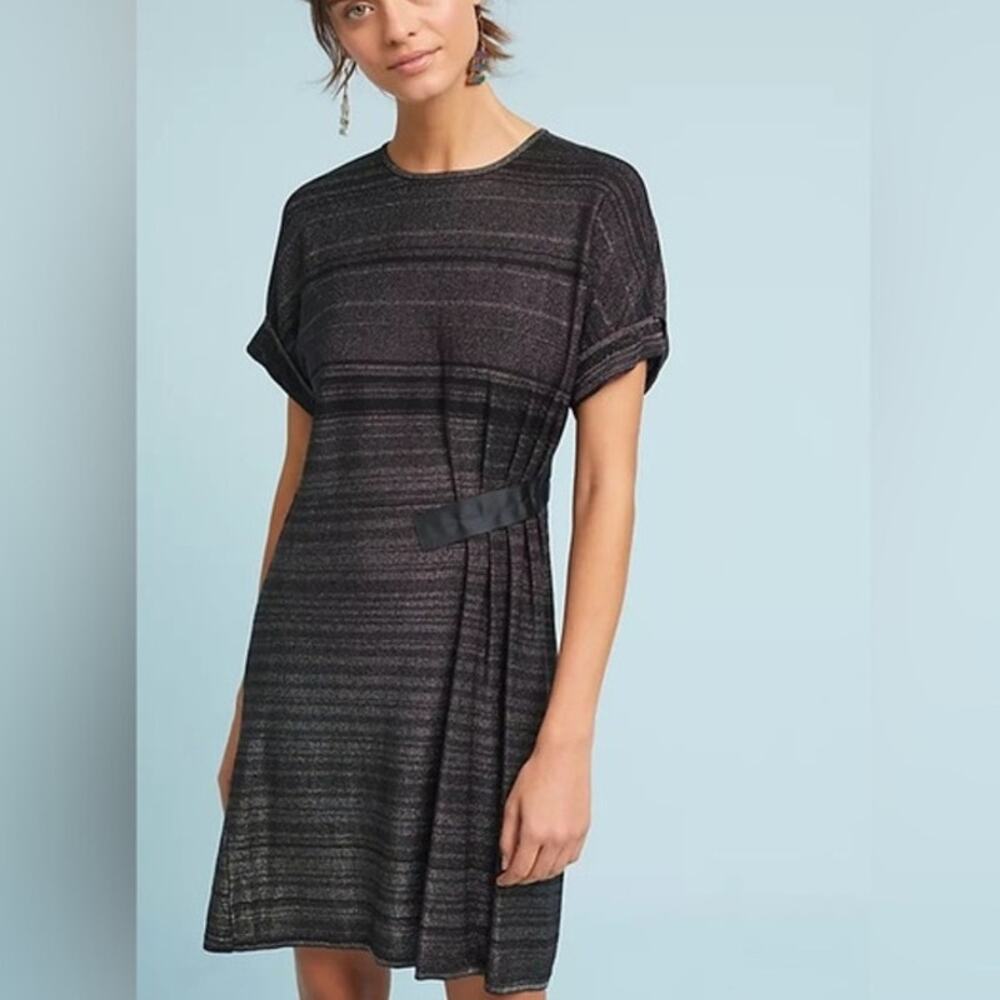 NEW Anthropologie Intropia Toby Striped Metallic Dress Black Gray Women's Lg